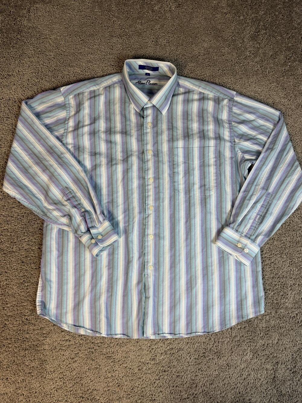 Alan Flusser Shirt Mens XL Blue Striped Long Sleeve Button Up Cotton Casual